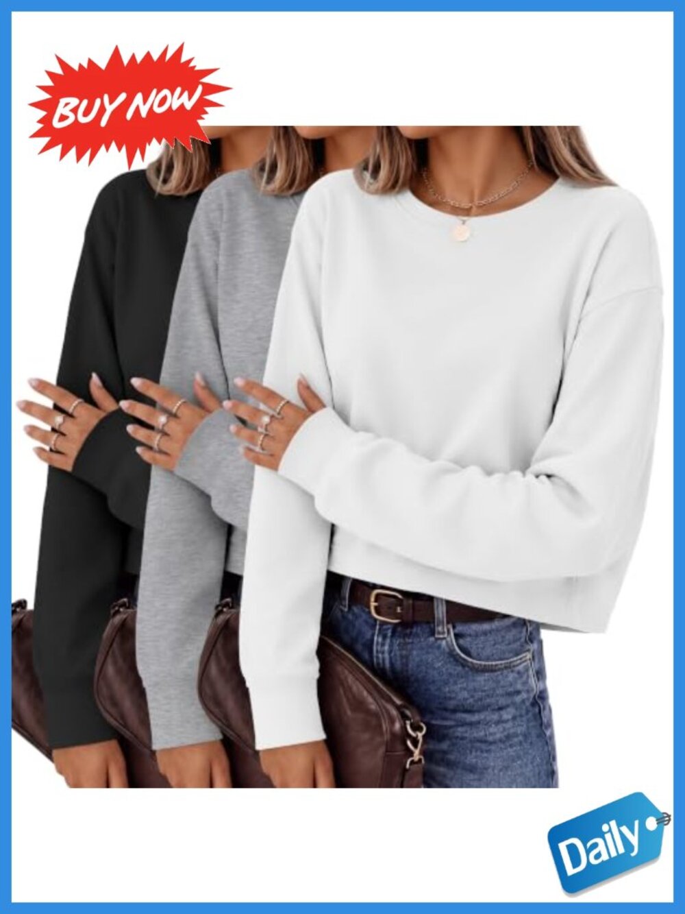 Women's Long Sleeve Cropped Tops 3 Pack Oversized Crewneck Casual Tees